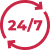 24/7 availability icon with a circular red arrow around a clock, indicating around-the-clock service