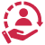 Pink hand cupping a person icon, symbolizing care or support.