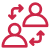 Icon of three people connected in a network with an upward-trending arrow, symbolizing teamwork and growth.